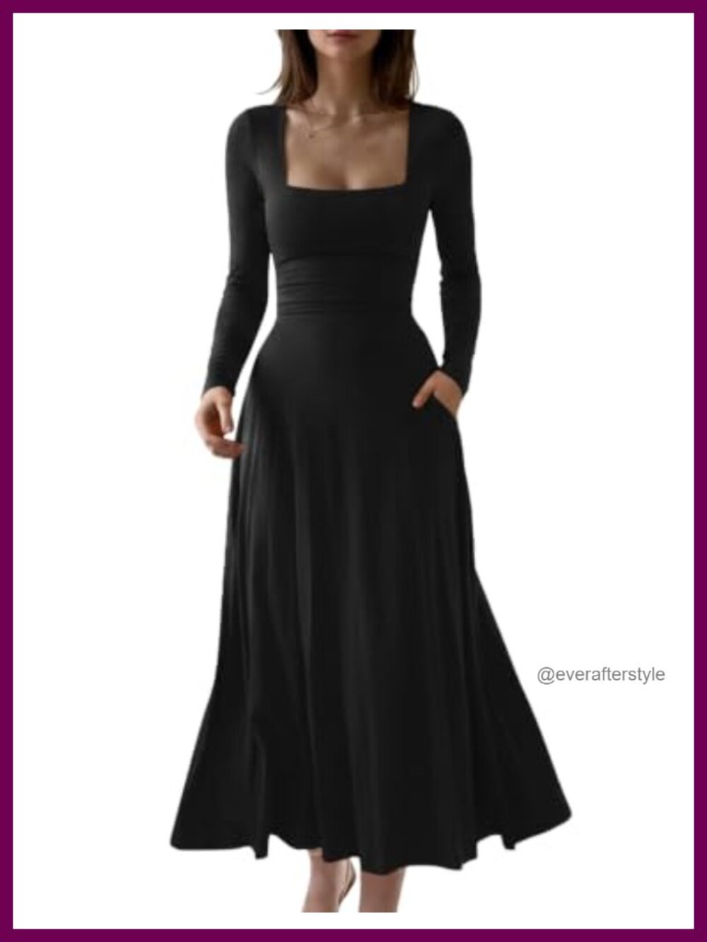 Women's Long Sleeve Square Neck A-Line Flowy Maxi Dress with Pockets